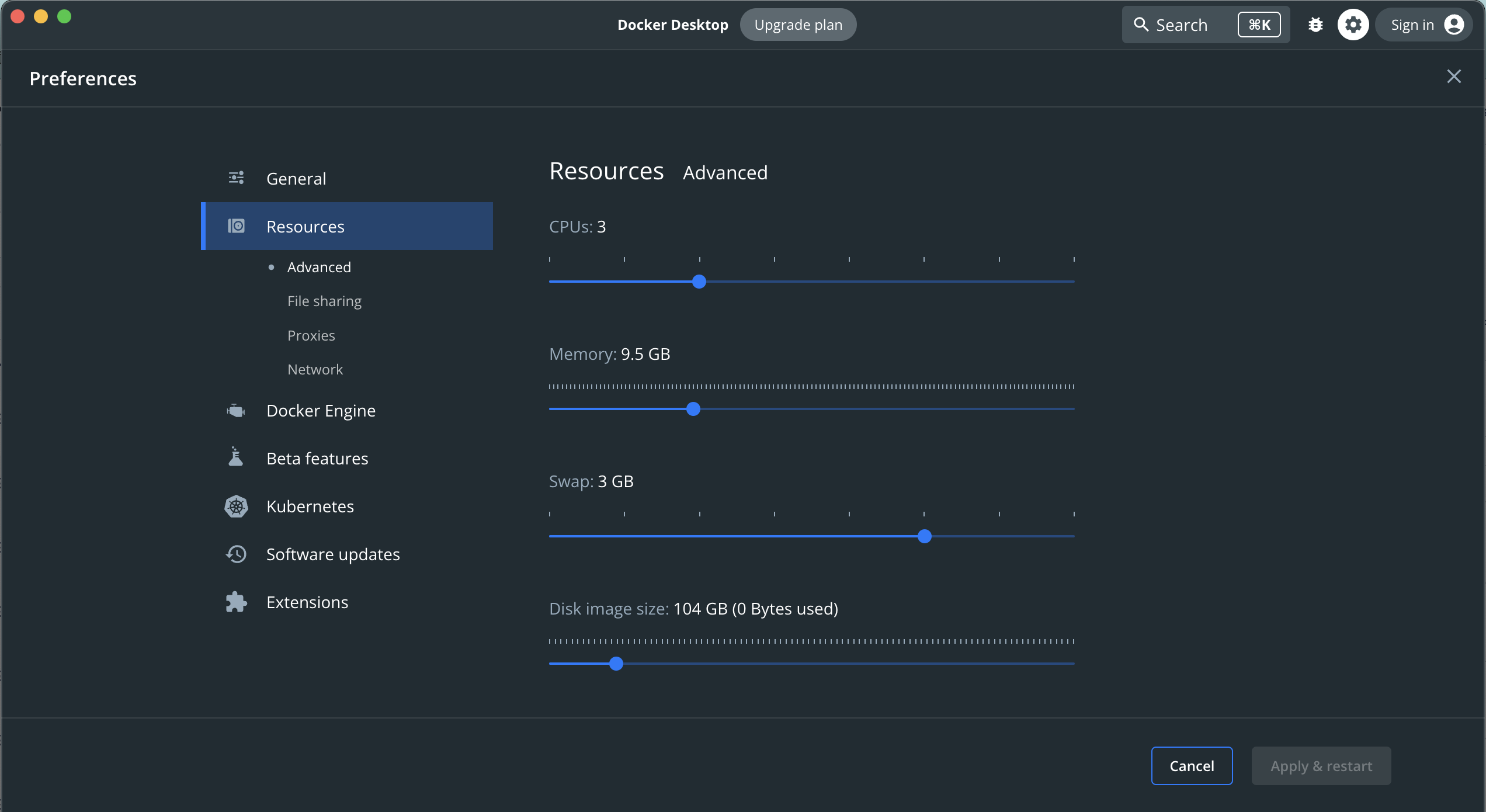 Docker Desktop のリソース設定のスクリーンキャプチャ