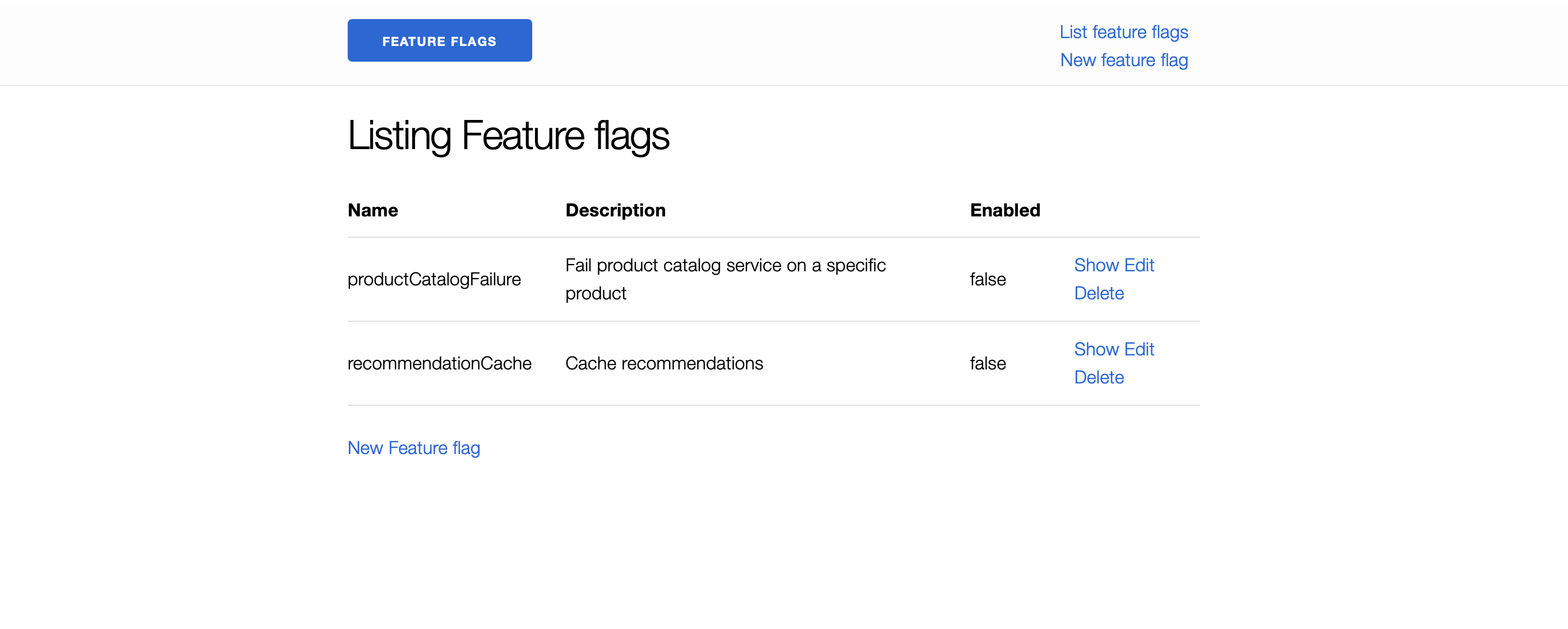 featureflagservice UI のスクリーンキャプチャ